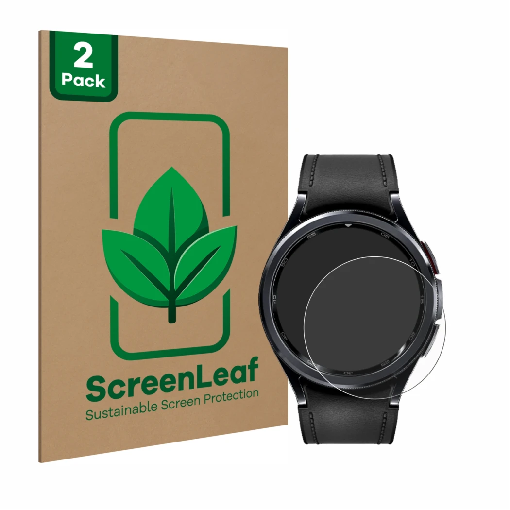 Parte frontal de un envase de producto con el logotipo de la marca ScreenLeaf. Al lado se muestra el dispositivo Samsung Galax