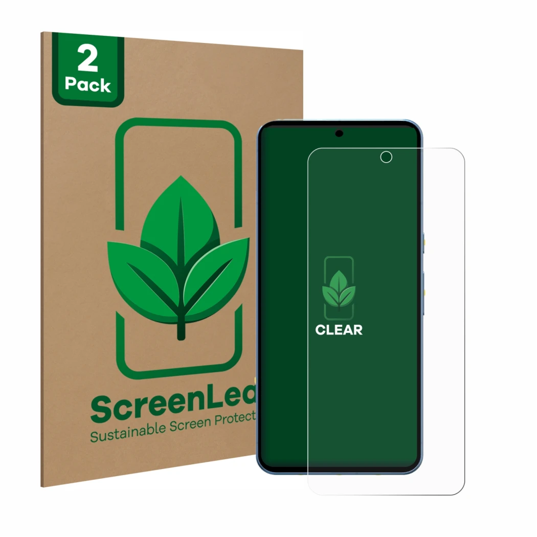 Parte frontal de un envase de producto con el logotipo de la marca ScreenLeaf. Al lado se muestra el dispositivo Google Pixel 