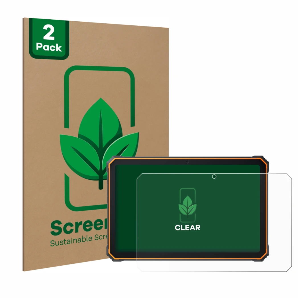 Parte frontal de un envase de producto con el logotipo de la marca ScreenLeaf. Al lado se muestra el dispositivo Blackview Act