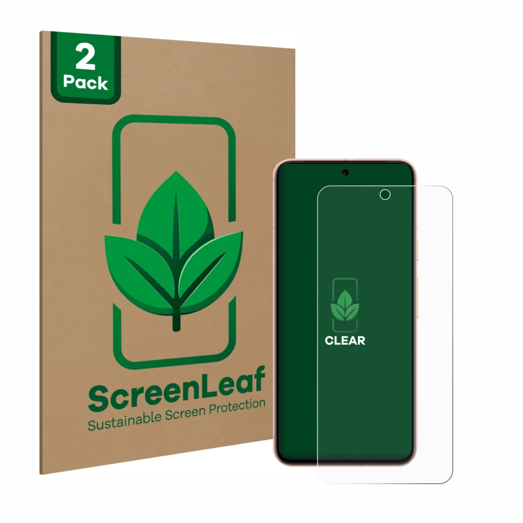 Parte frontal de un envase de producto con el logotipo de la marca ScreenLeaf. Al lado se muestra el dispositivo Google Pixel 
