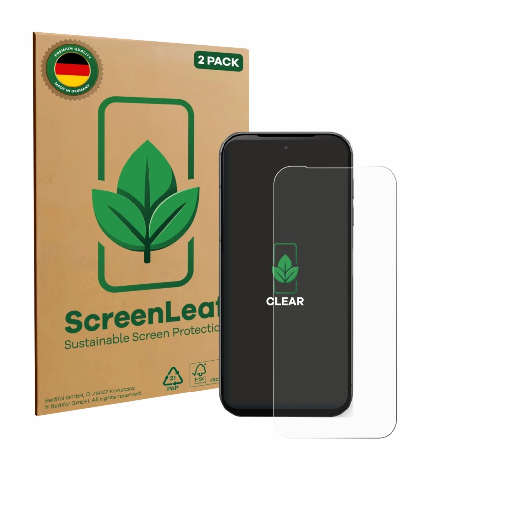 Parte frontal de un envase de producto con el logotipo de la marca ScreenLeaf. Al lado se muestra el dispositivo Fairphone 5 c