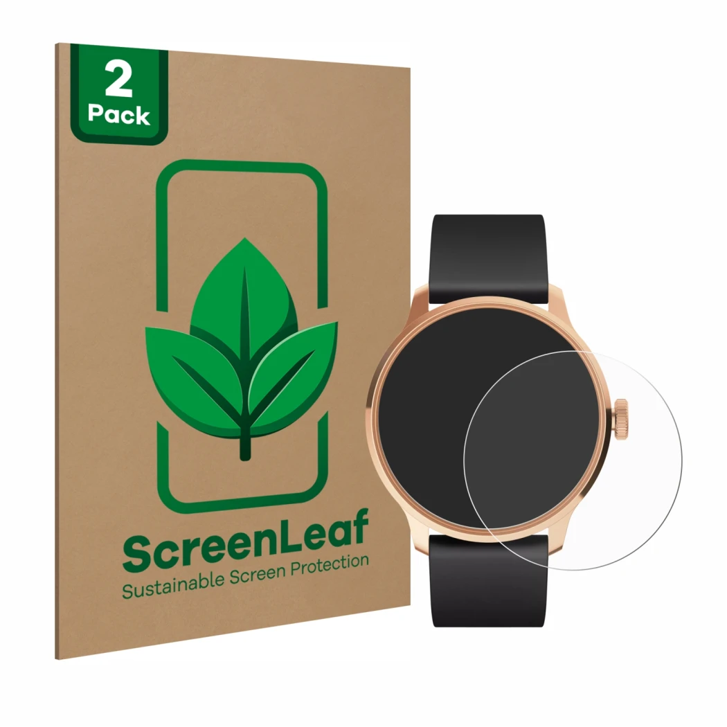 Parte frontal de un envase de producto con el logotipo de la marca ScreenLeaf. Al lado se muestra el dispositivo Withings Scan