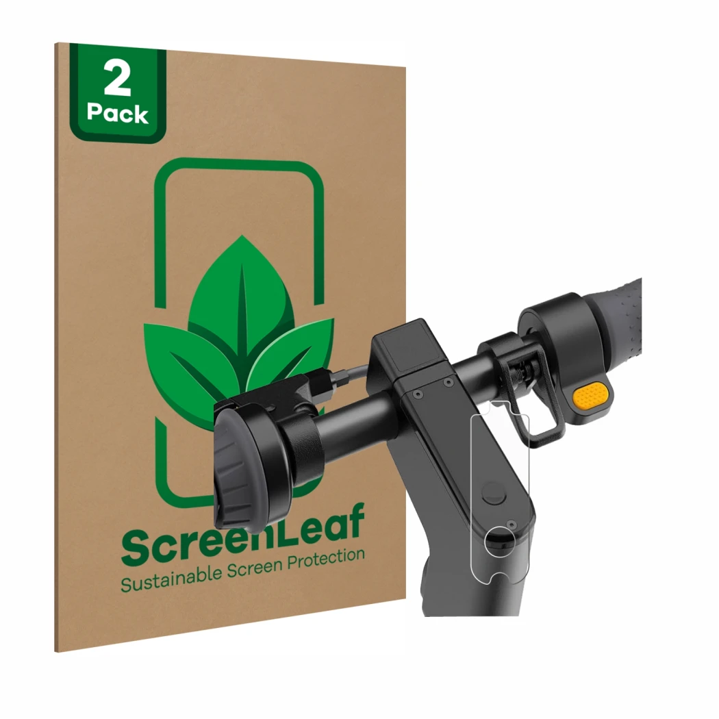 Parte frontal de un envase de producto con el logotipo de la marca ScreenLeaf. Al lado se muestra el dispositivo Segway Ninebo