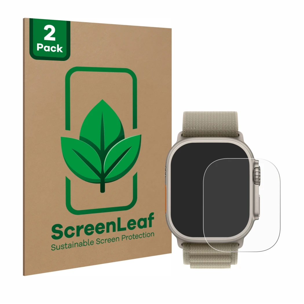 Parte frontal de un envase de producto con el logotipo de la marca ScreenLeaf. Al lado se muestra el dispositivo Apple Watch U