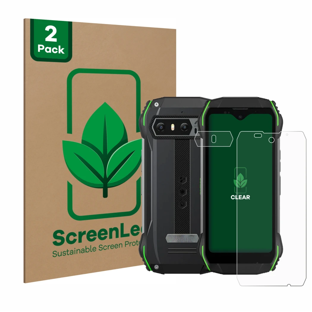 Parte frontal de un envase de producto con el logotipo de la marca ScreenLeaf. Al lado se muestra el dispositivo Blackview N60
