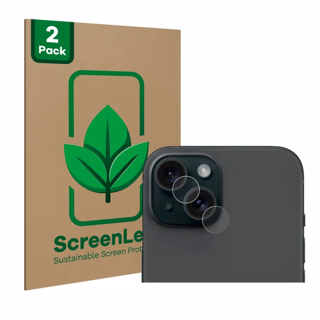 Parte frontal de un envase de producto con el logotipo de la marca ScreenLeaf. Al lado se muestra el dispositivo Apple iPhone 