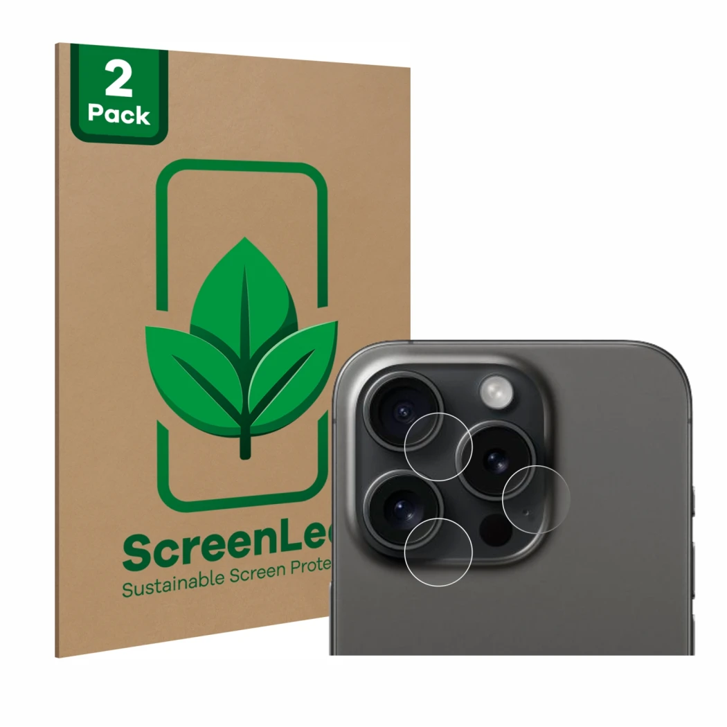 Parte frontal de un envase de producto con el logotipo de la marca ScreenLeaf. Al lado se muestra el dispositivo Apple iPhone 