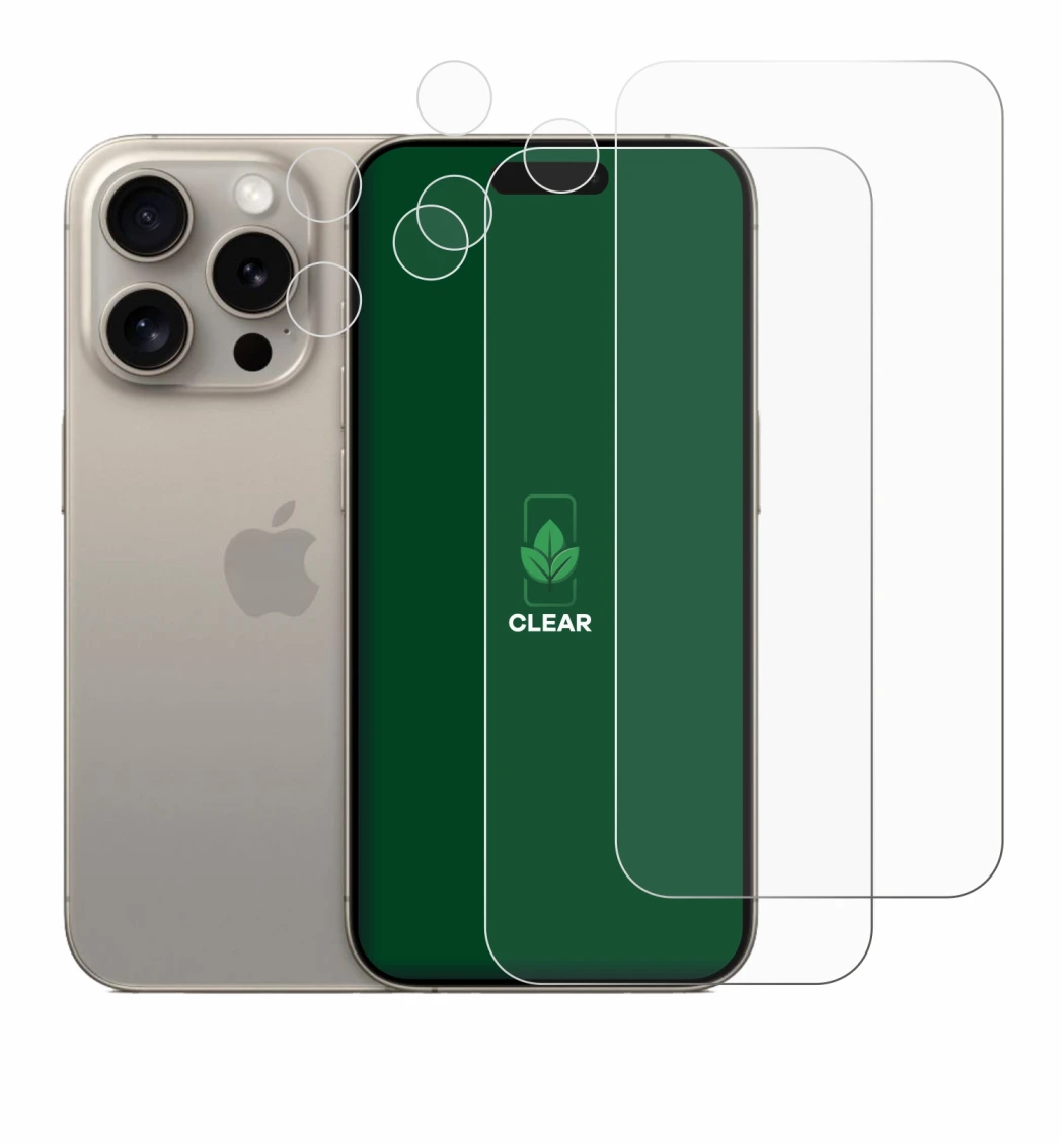 Imagen del dispositivo Apple iPhone 15 Pro (Frontal+Cámara) con una amplia variedad de protectores de pantalla.