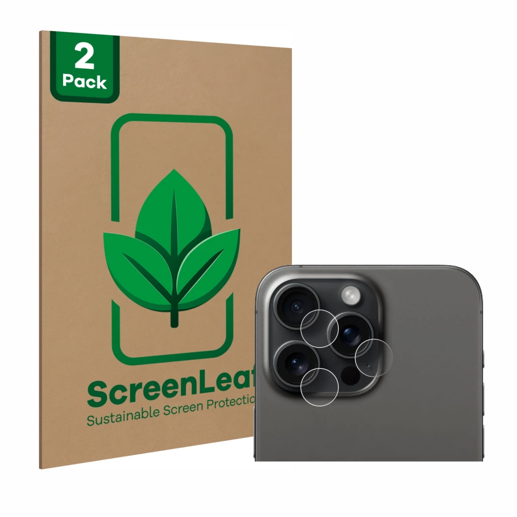 Parte frontal de un envase de producto con el logotipo de la marca ScreenLeaf. Al lado se muestra el dispositivo Apple iPhone 