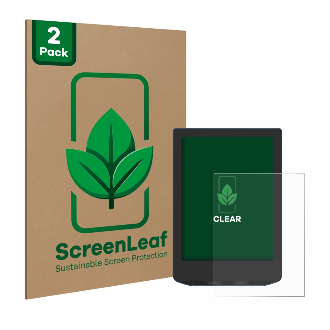 Parte frontal de un envase de producto con el logotipo de la marca ScreenLeaf. Al lado se muestra el dispositivo PocketBook Ve