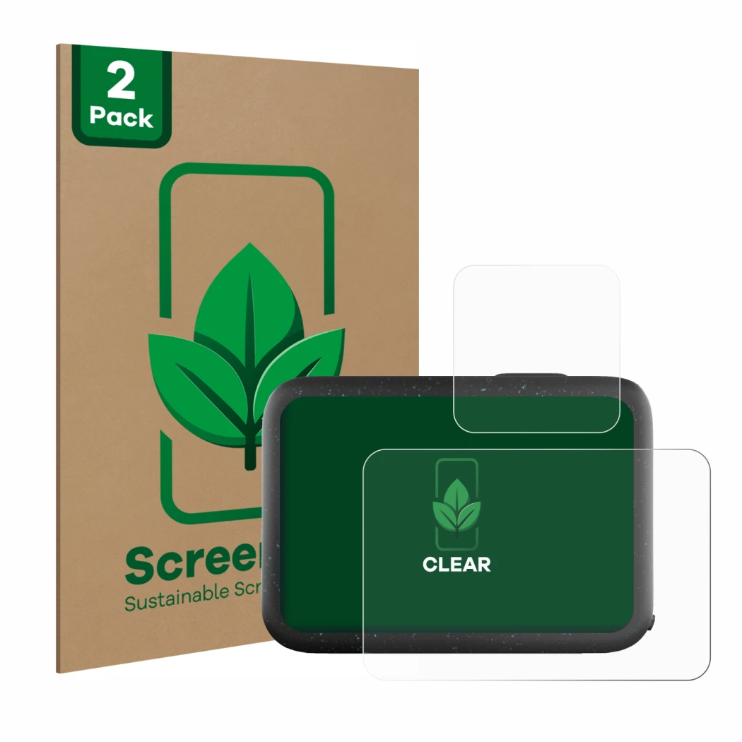 Parte frontal de un envase de producto con el logotipo de la marca ScreenLeaf. Al lado se muestra el dispositivo GoPro Hero 12