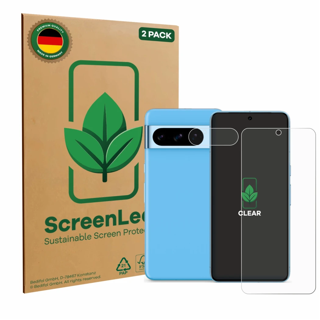 Parte frontal de un envase de producto con el logotipo de la marca ScreenLeaf. Al lado se muestra el dispositivo Google Pixel 