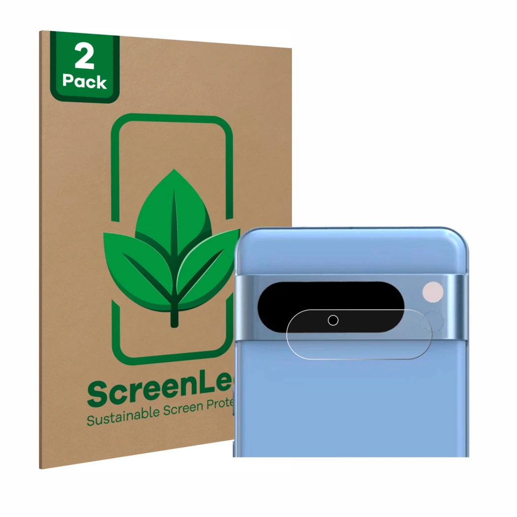 Parte frontal de un envase de producto con el logotipo de la marca ScreenLeaf. Al lado se muestra el dispositivo Google Pixel 