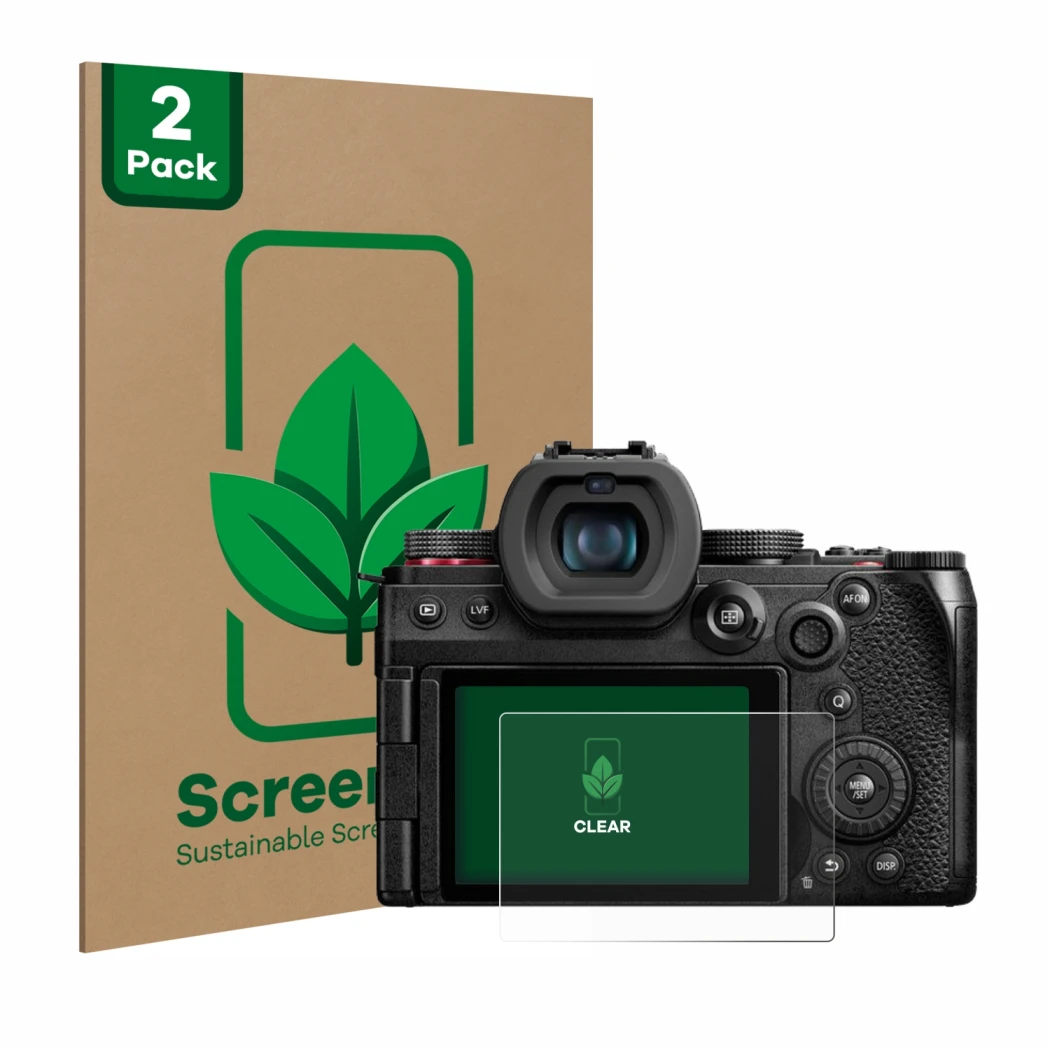 Parte frontal de un envase de producto con el logotipo de la marca ScreenLeaf. Al lado se muestra el dispositivo Panasonic Lum