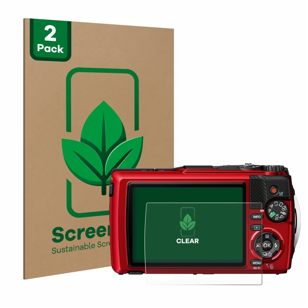 Parte frontal de un envase de producto con el logotipo de la marca ScreenLeaf. Al lado se muestra el dispositivo Olympus OM Sy