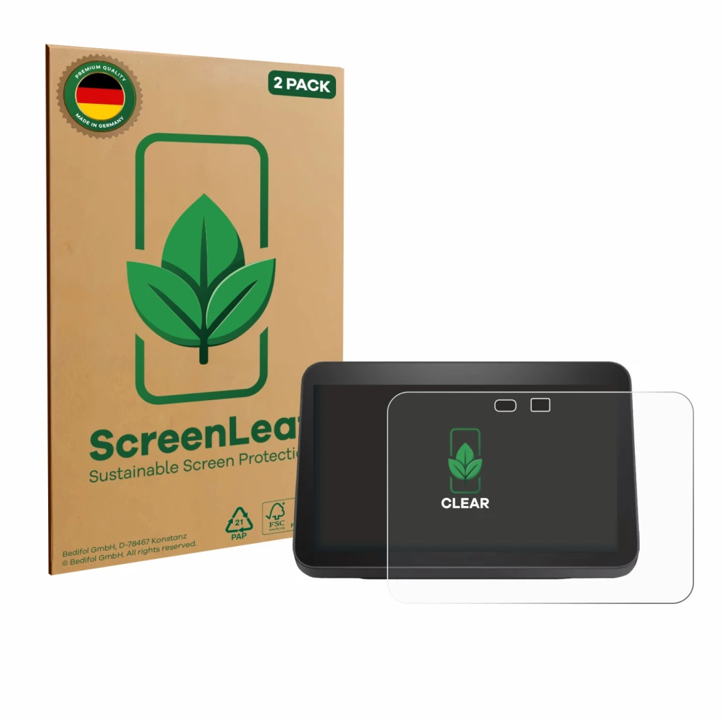 Parte frontal de un envase de producto con el logotipo de la marca ScreenLeaf. Al lado se muestra el dispositivo Amazon Echo S