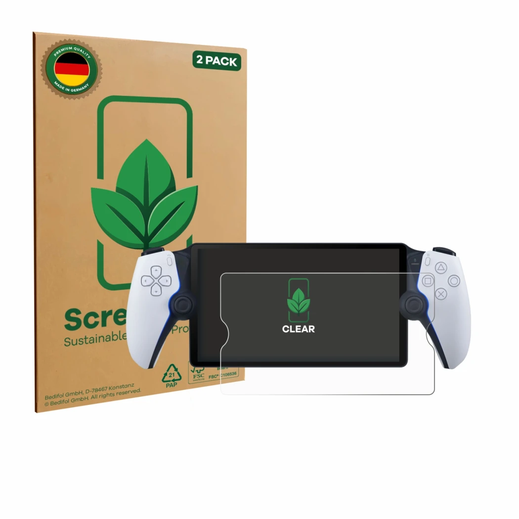 Parte frontal de un envase de producto con el logotipo de la marca ScreenLeaf. Al lado se muestra el dispositivo Sony Playstat