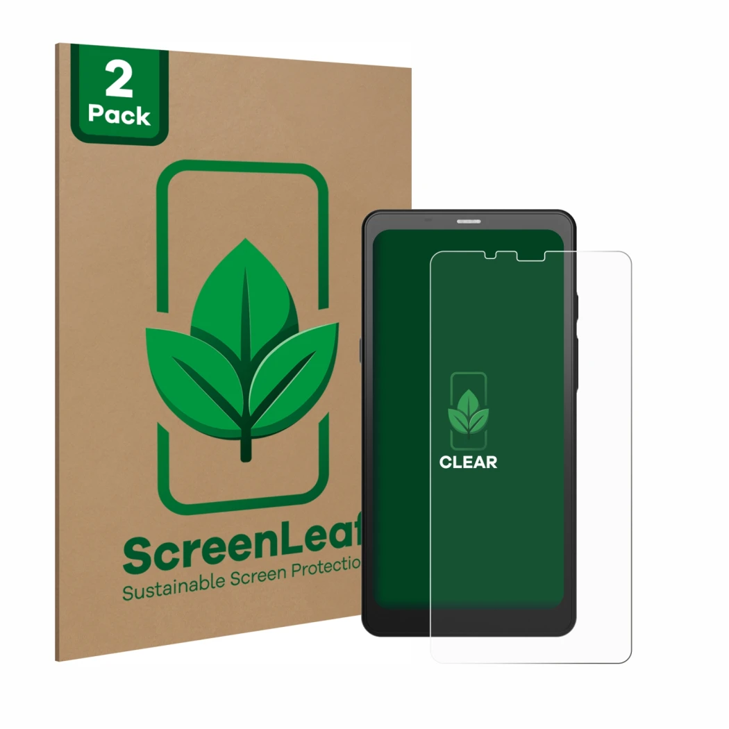 Parte frontal de un envase de producto con el logotipo de la marca ScreenLeaf. Al lado se muestra el dispositivo Boox Palma co