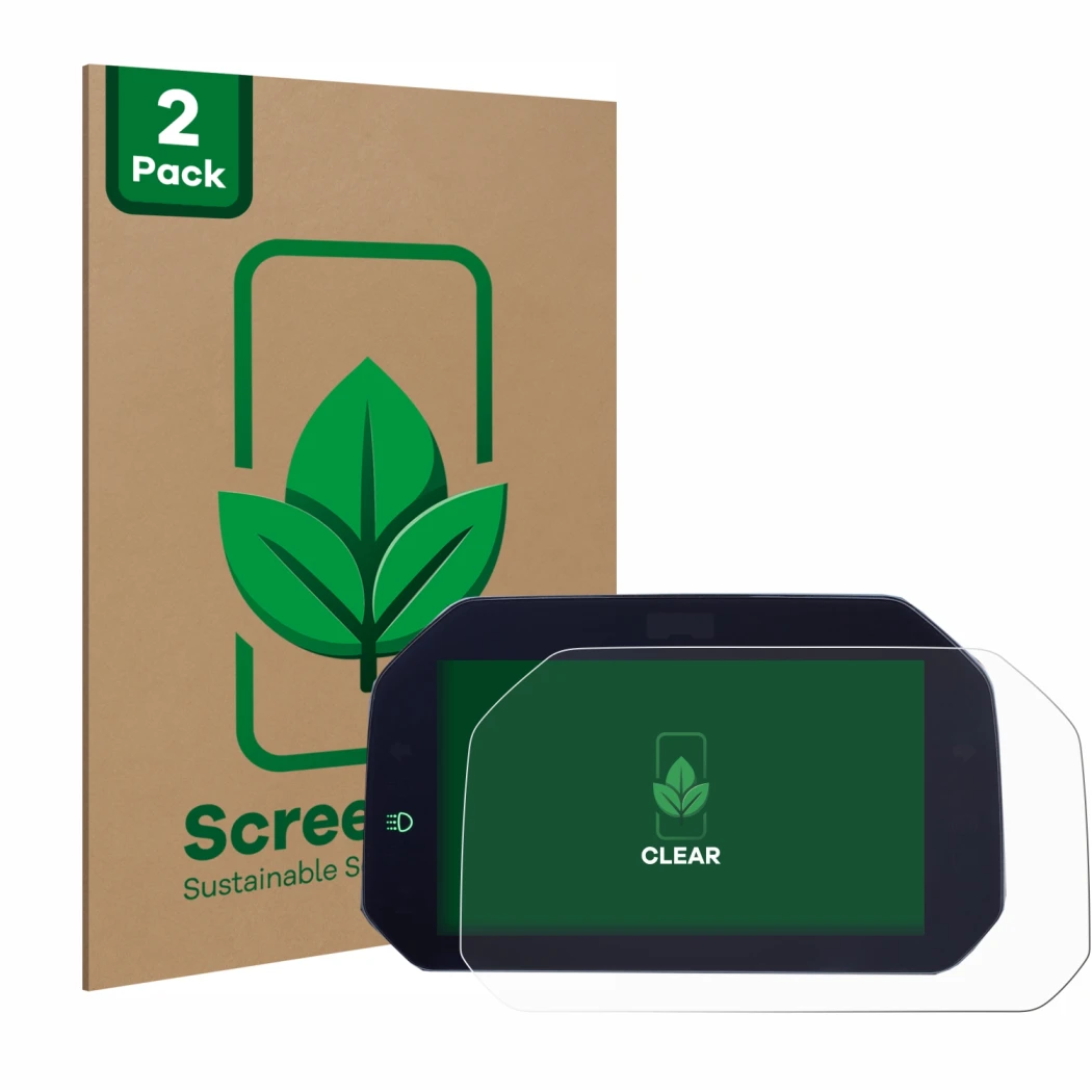 Parte frontal de un envase de producto con el logotipo de la marca ScreenLeaf. Al lado se muestra el dispositivo BMW R 1300 GS