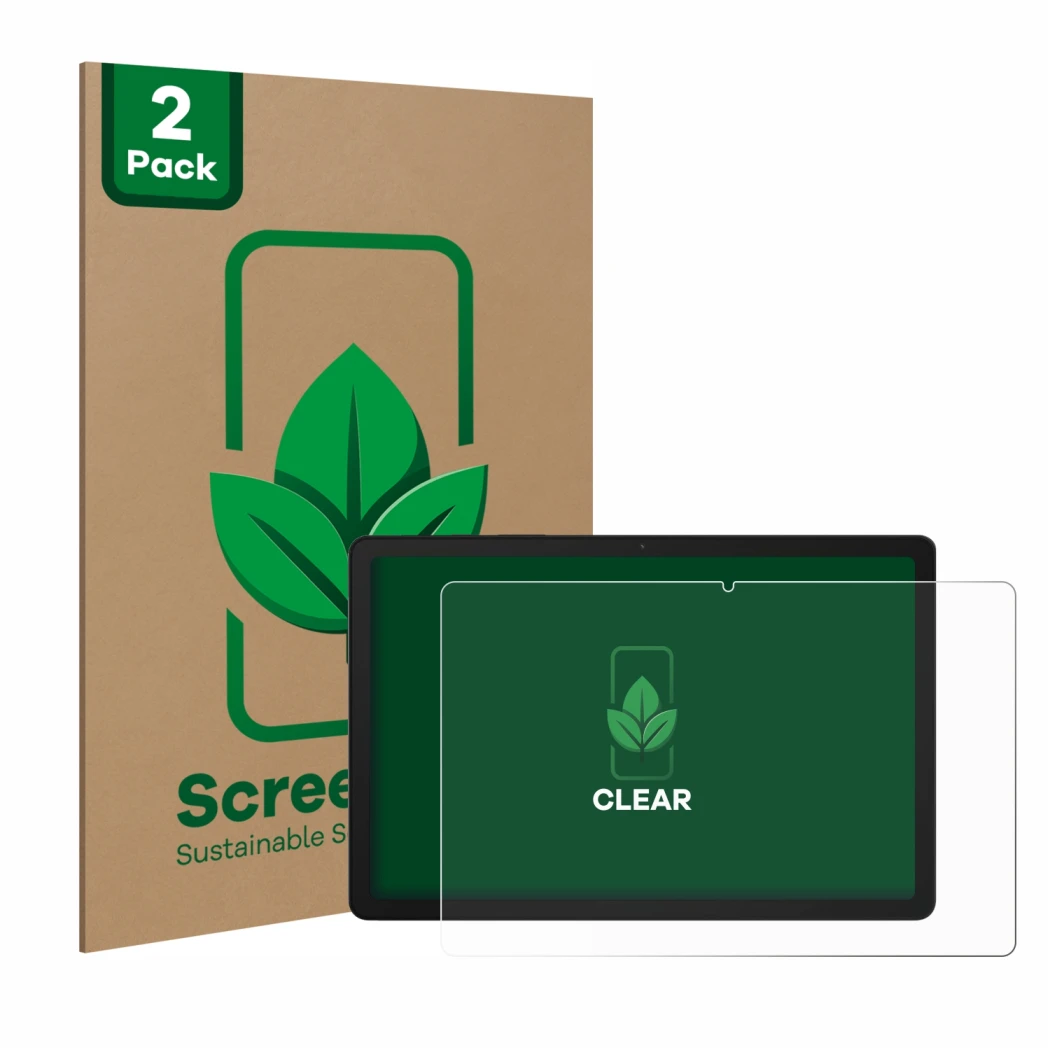 Parte frontal de un envase de producto con el logotipo de la marca ScreenLeaf. Al lado se muestra el dispositivo Samsung Galax