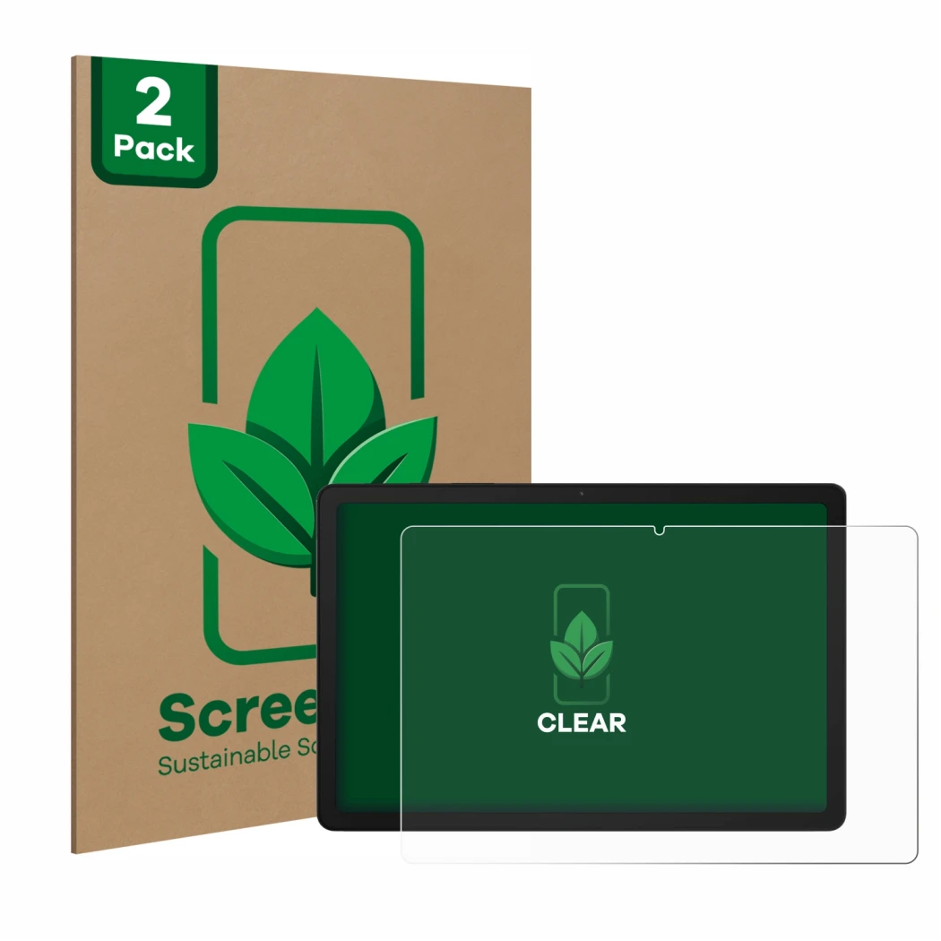Parte frontal de un envase de producto con el logotipo de la marca ScreenLeaf. Al lado se muestra el dispositivo Samsung Galax