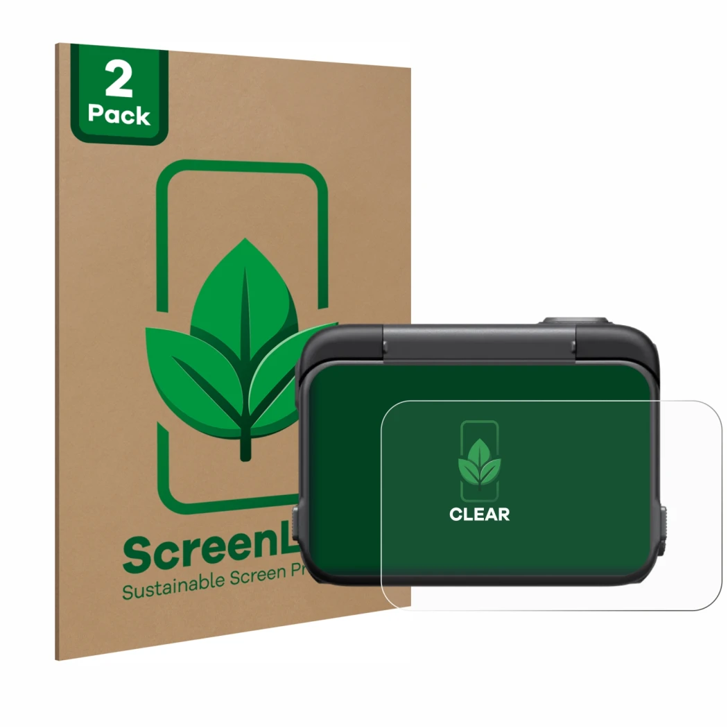 Parte frontal de un envase de producto con el logotipo de la marca ScreenLeaf. Al lado se muestra el dispositivo Insta360 Ace 