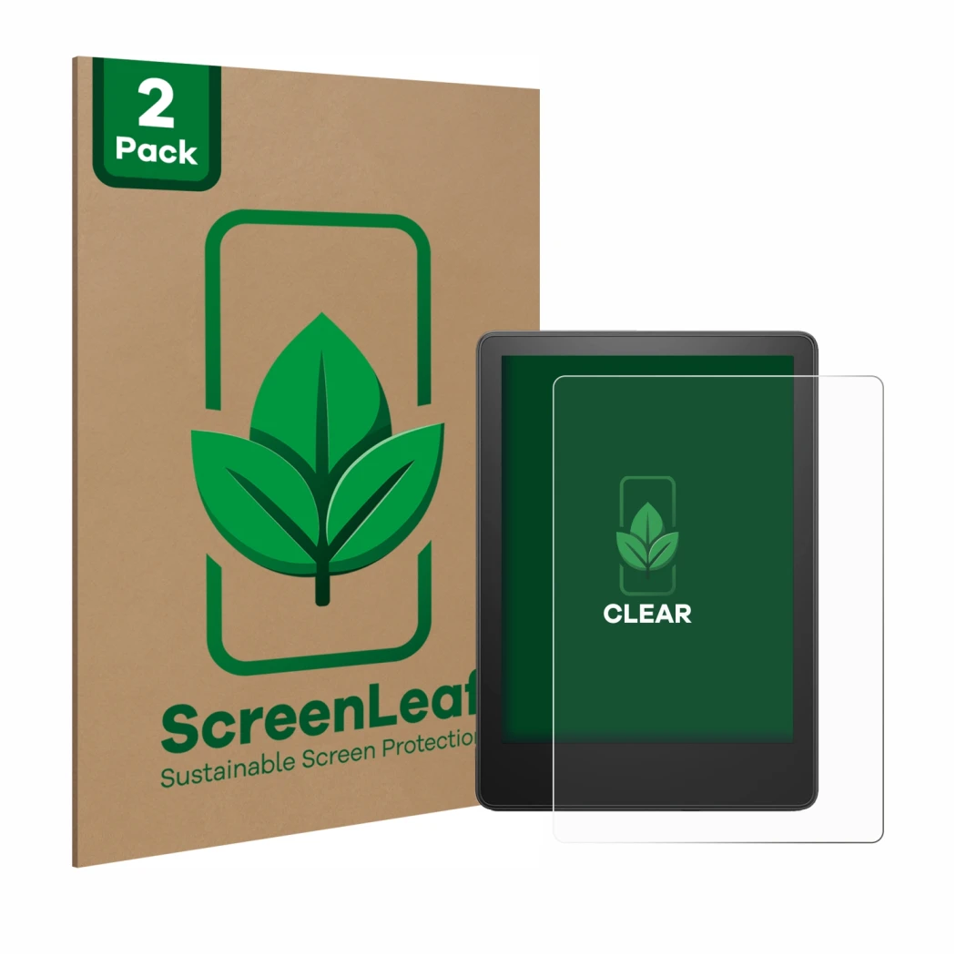 Parte frontal de un envase de producto con el logotipo de la marca ScreenLeaf. Al lado se muestra el dispositivo Amazon Kindle
