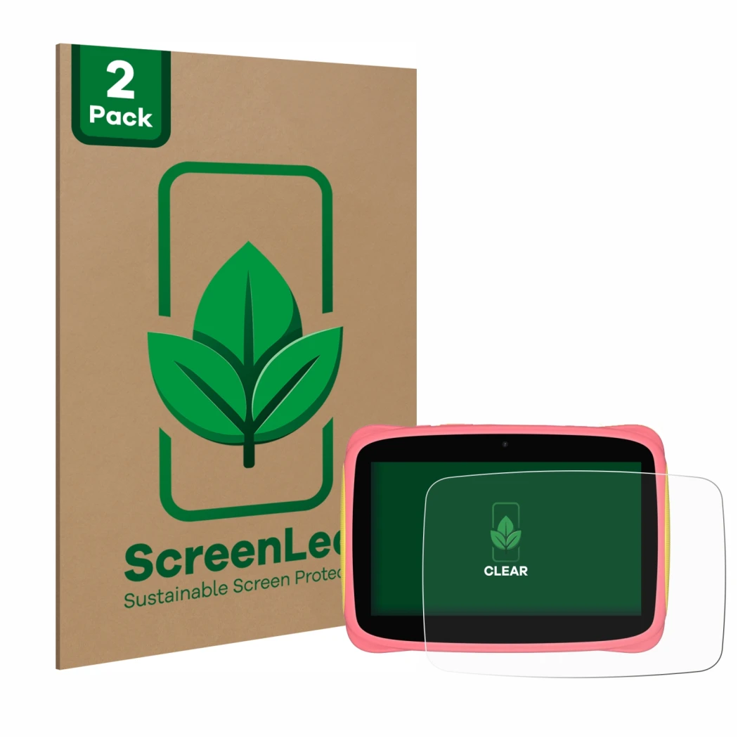 Parte frontal de un envase de producto con el logotipo de la marca ScreenLeaf. Al lado se muestra el dispositivo Blackview Tab