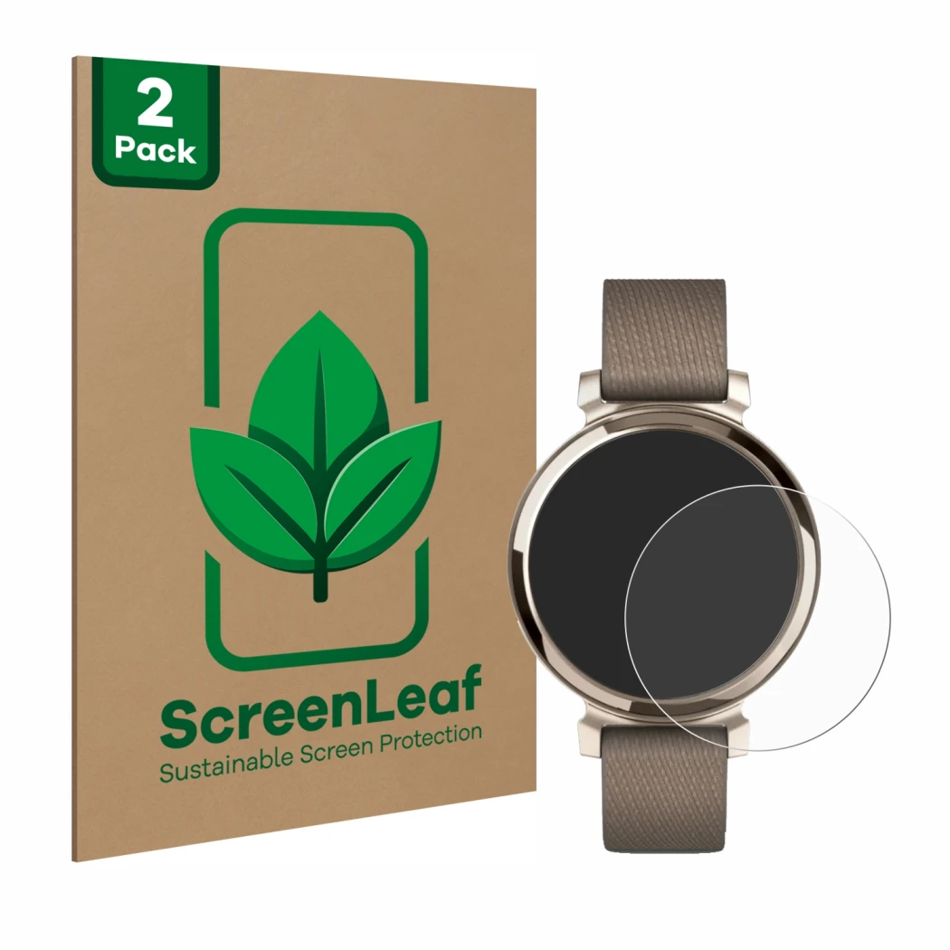 Parte frontal de un envase de producto con el logotipo de la marca ScreenLeaf. Al lado se muestra el dispositivo Garmin Lily 2