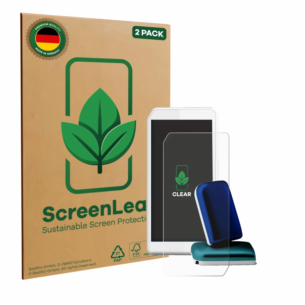 Parte frontal de un envase de producto con el logotipo de la marca ScreenLeaf. Al lado se muestra el dispositivo Kaleido DBLG1