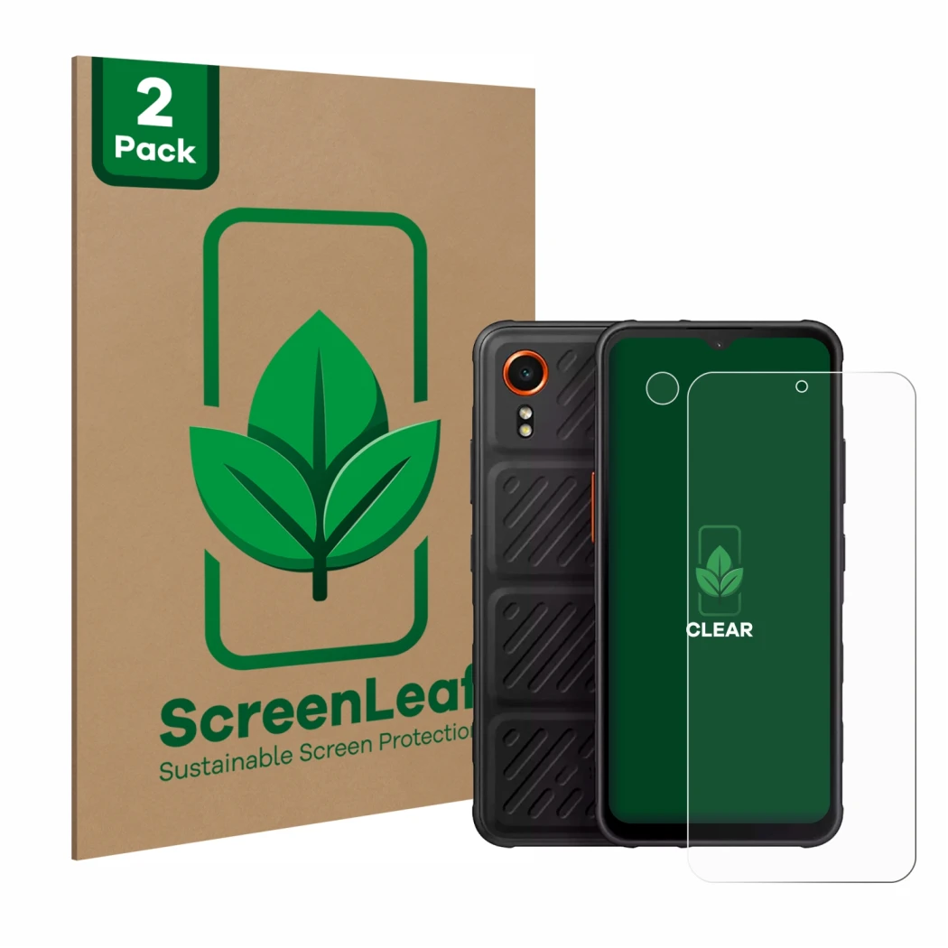 Parte frontal de un envase de producto con el logotipo de la marca ScreenLeaf. Al lado se muestra el dispositivo Samsung Galax
