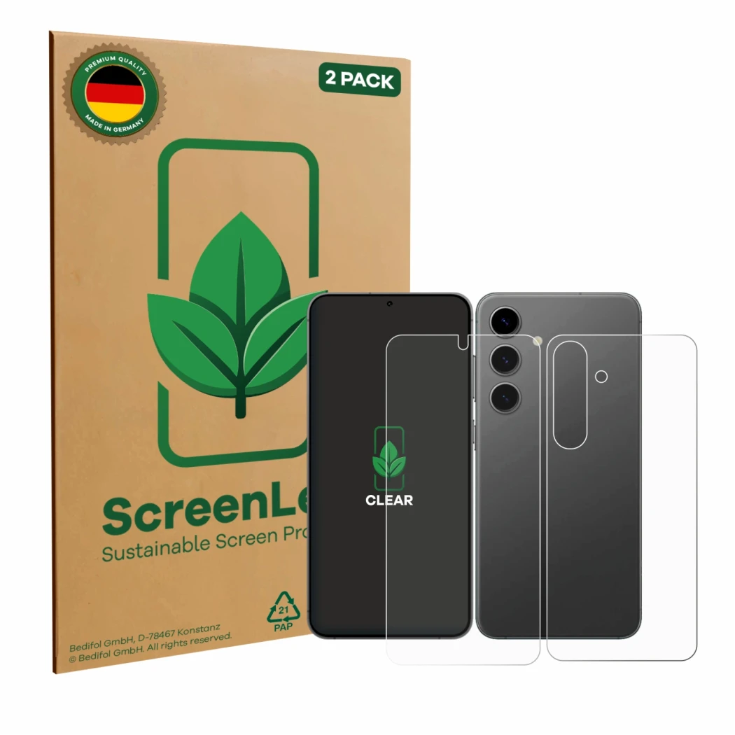 Parte frontal de un envase de producto con el logotipo de la marca ScreenLeaf. Al lado se muestra el dispositivo Samsung Galax