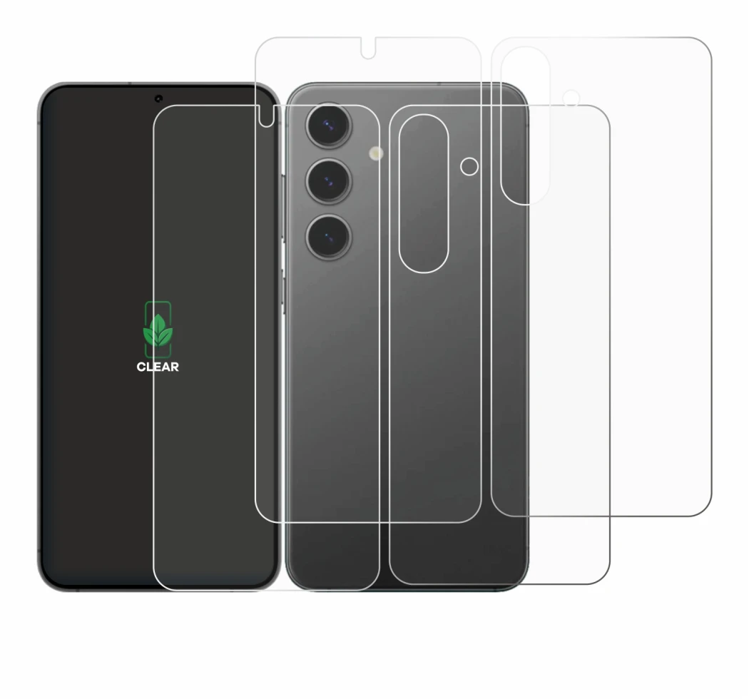 Imagen del dispositivo Samsung Galaxy S24 (Frontal+Trasero) con una amplia variedad de protectores de pantalla.