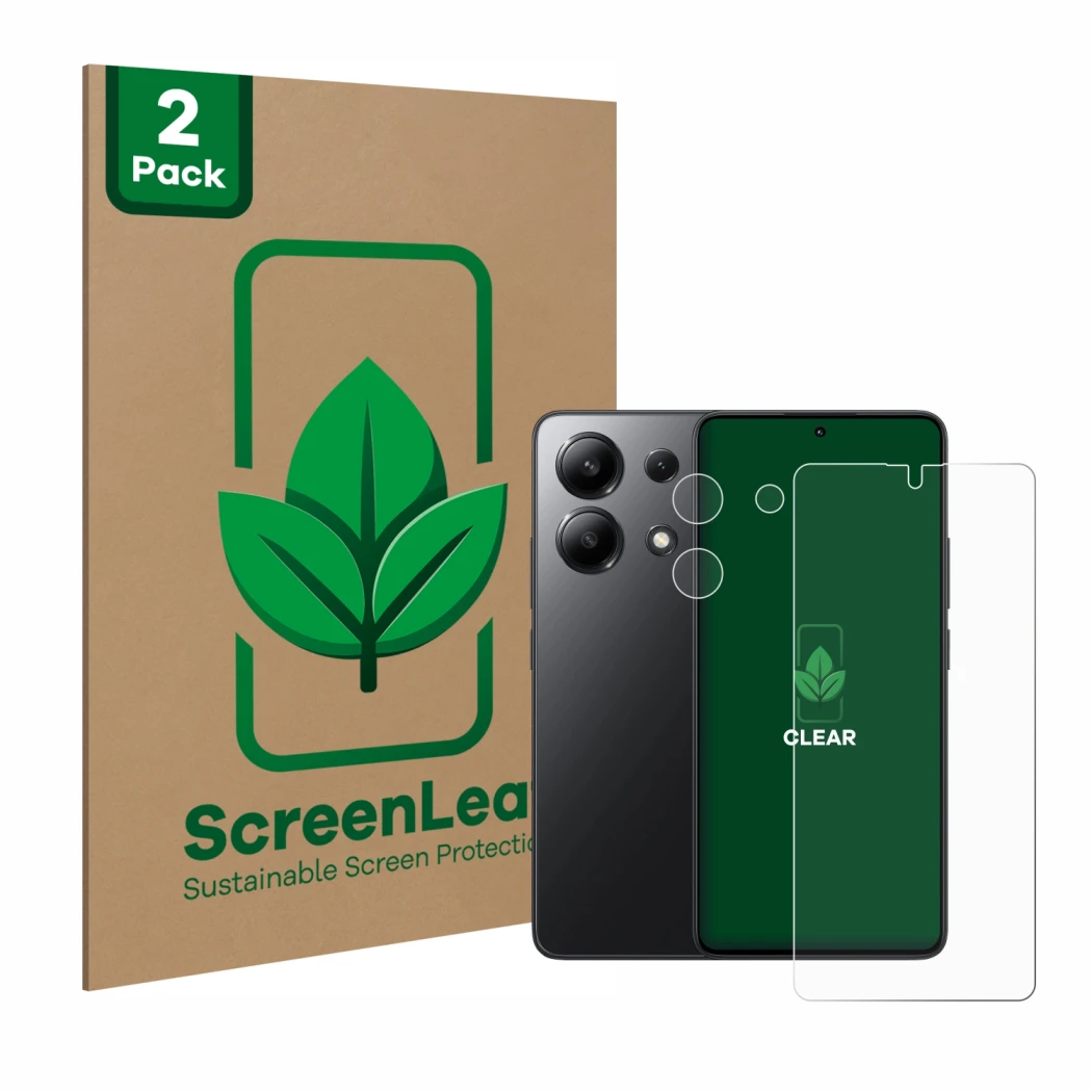 Parte frontal de un envase de producto con el logotipo de la marca ScreenLeaf. Al lado se muestra el dispositivo Xiaomi Redmi 