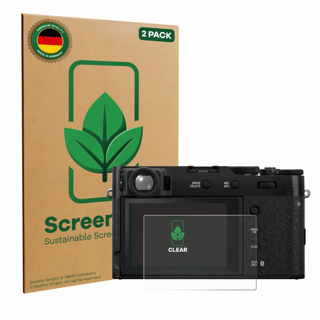 Parte frontal de un envase de producto con el logotipo de la marca ScreenLeaf. Al lado se muestra el dispositivo Fujifilm X100