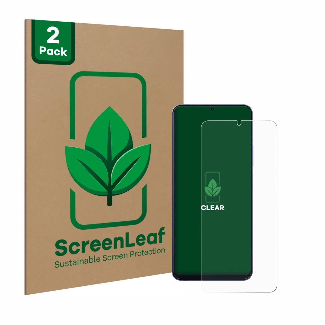 Parte frontal de un envase de producto con el logotipo de la marca ScreenLeaf. Al lado se muestra el dispositivo Blackview Col