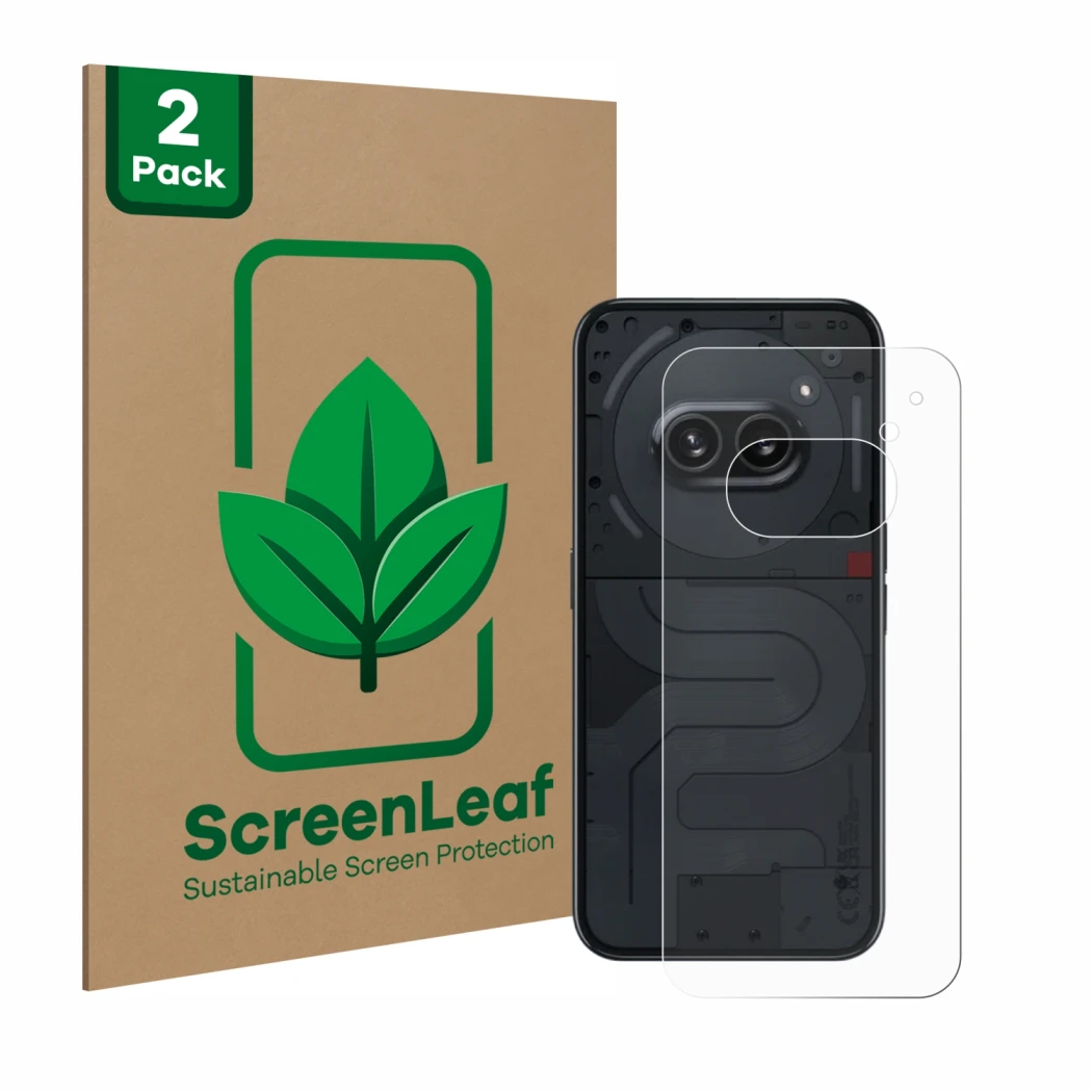 Parte frontal de un envase de producto con el logotipo de la marca ScreenLeaf. Al lado se muestra el dispositivo Nothing Phone