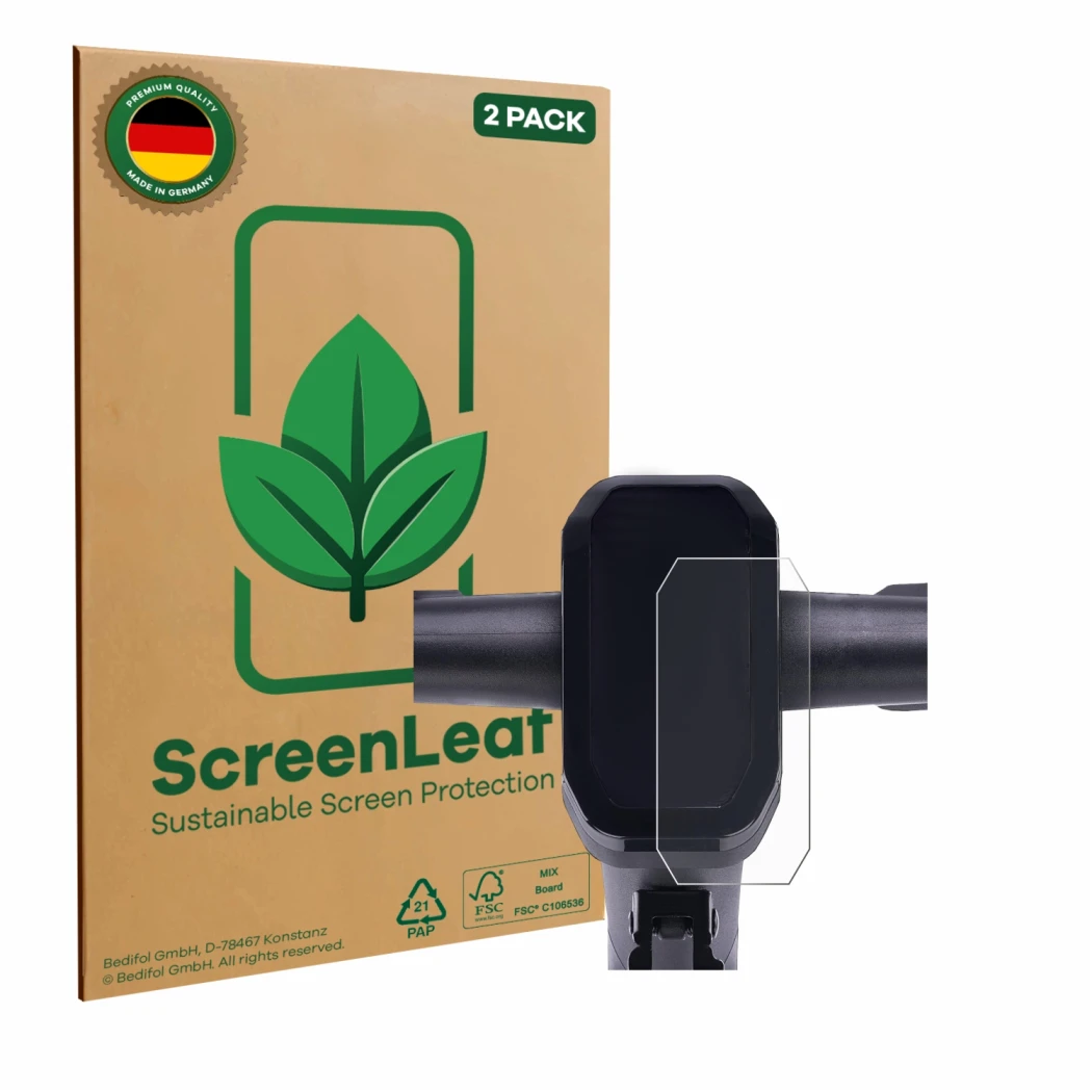 Parte frontal de un envase de producto con el logotipo de la marca ScreenLeaf. Al lado se muestra el dispositivo Vmax VX2 Pro 