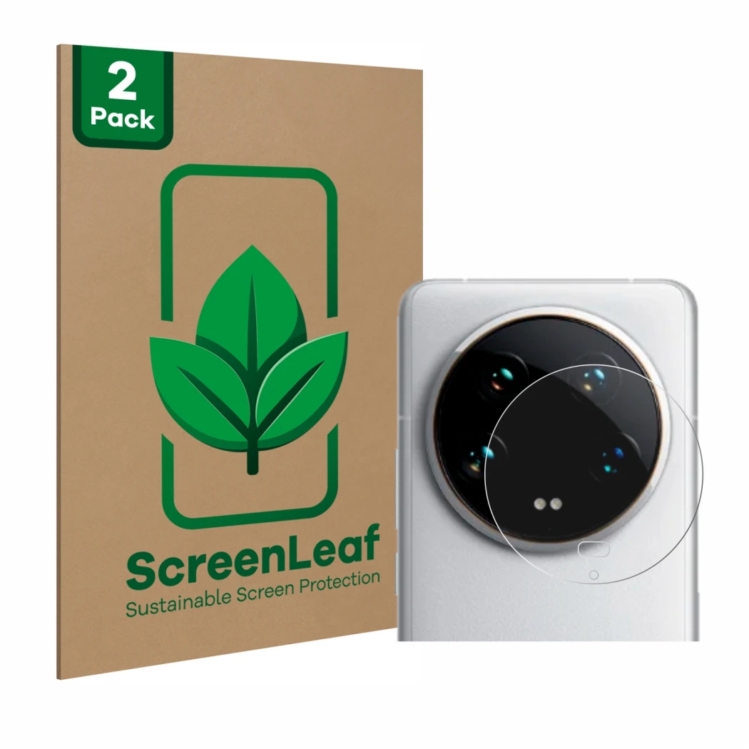Parte frontal de un envase de producto con el logotipo de la marca ScreenLeaf. Al lado se muestra el dispositivo Xiaomi 14 Ult