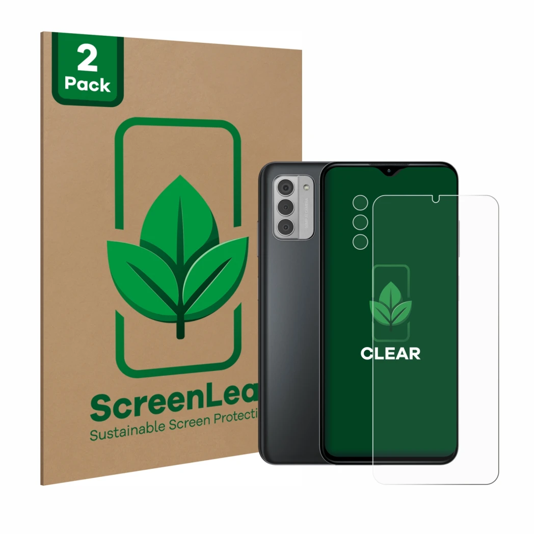 Parte frontal de un envase de producto con el logotipo de la marca ScreenLeaf. Al lado se muestra el dispositivo Nokia G42 5G 