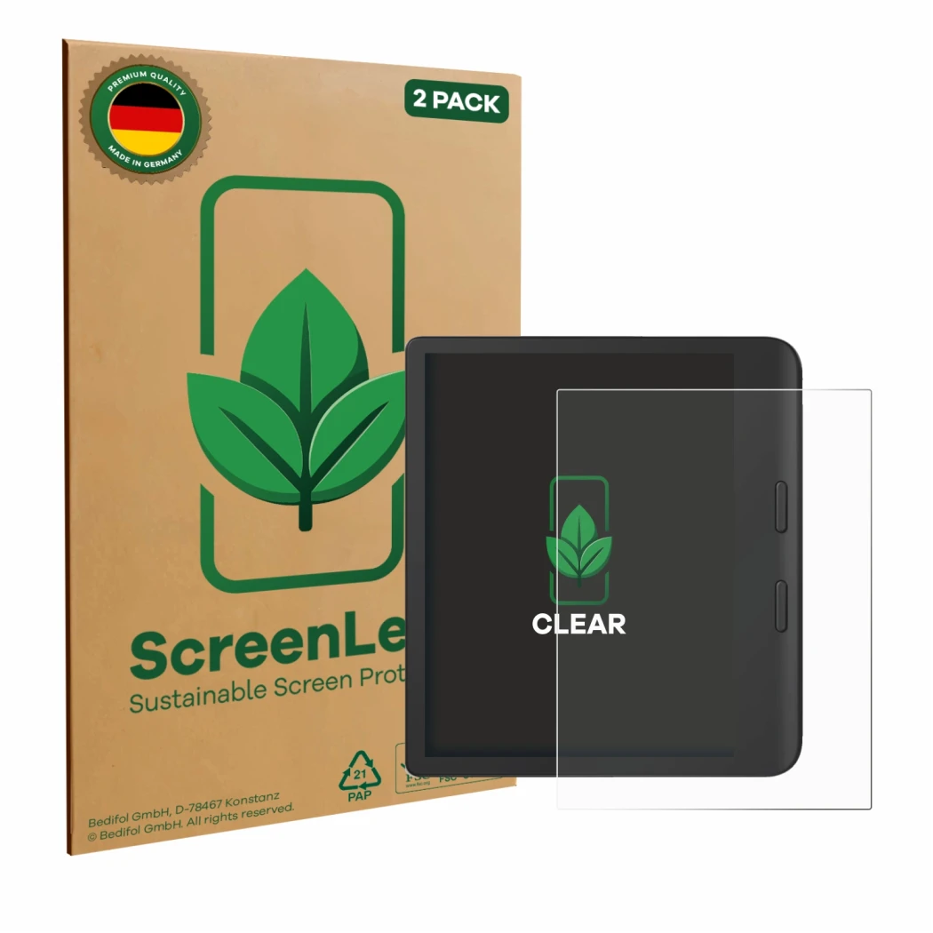 Parte frontal de un envase de producto con el logotipo de la marca ScreenLeaf. Al lado se muestra el dispositivo Tolino Vision