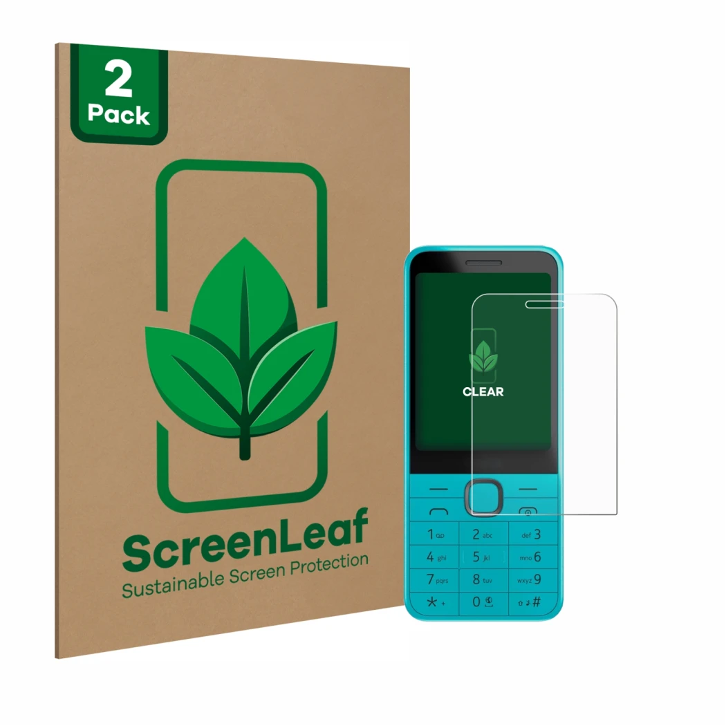 Parte frontal de un envase de producto con el logotipo de la marca ScreenLeaf. Al lado se muestra el dispositivo Nokia 235 4G 