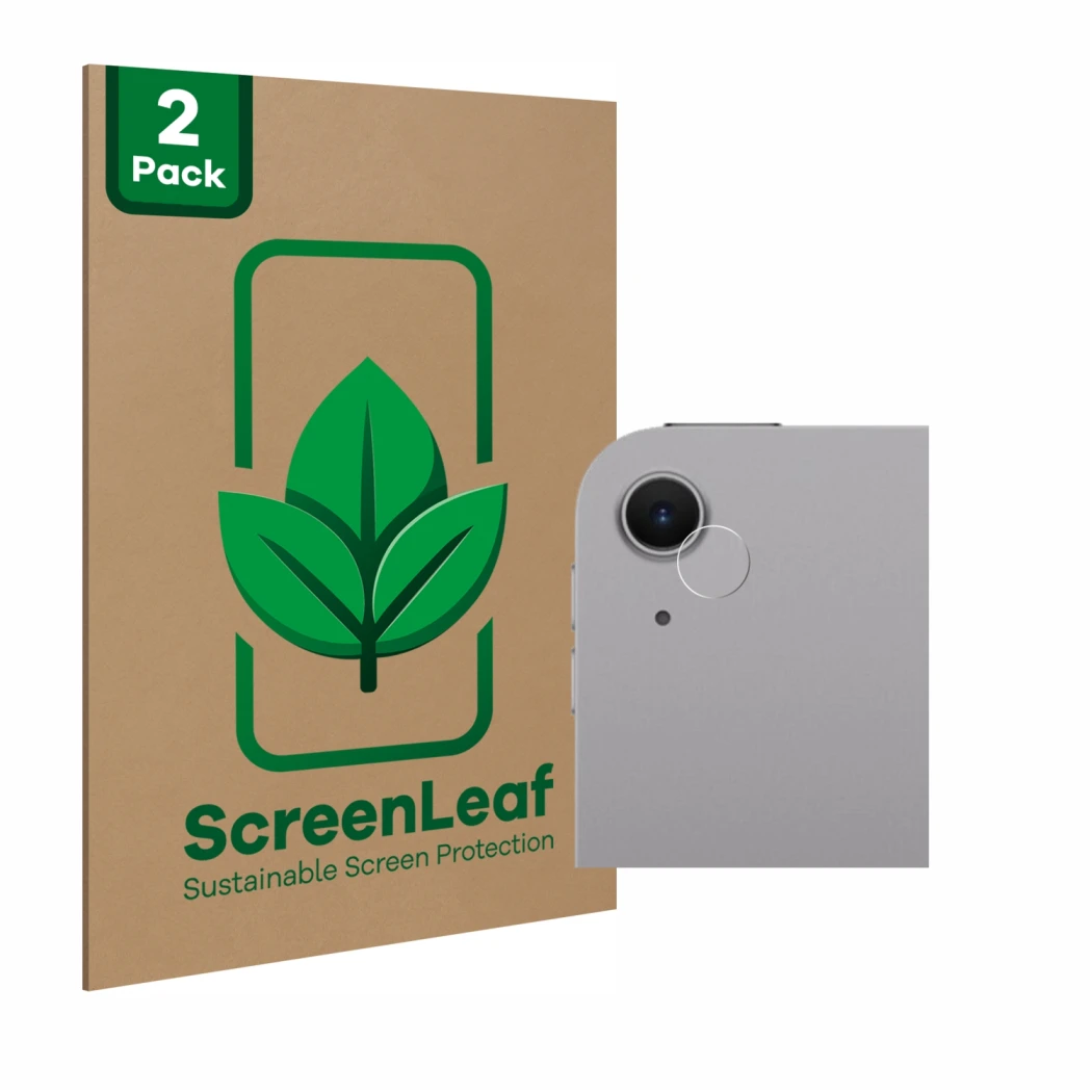 Parte frontal de un envase de producto con el logotipo de la marca ScreenLeaf. Al lado se muestra el dispositivo Apple iPad Ai