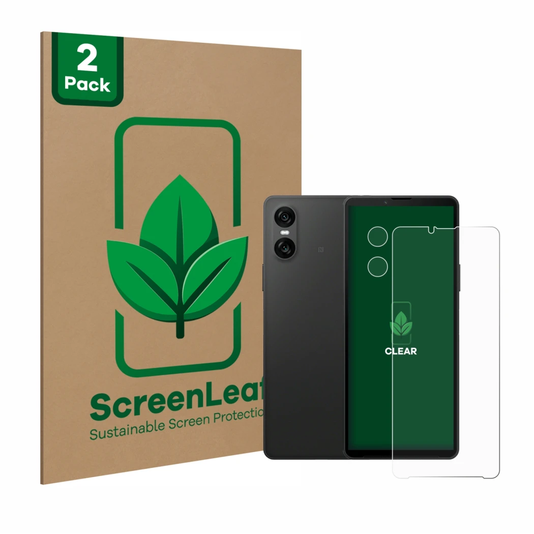 Parte frontal de un envase de producto con el logotipo de la marca ScreenLeaf. Al lado se muestra el dispositivo Sony Xperia 1