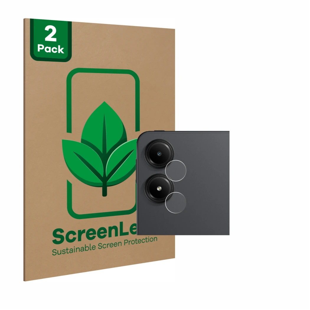 Parte frontal de un envase de producto con el logotipo de la marca ScreenLeaf. Al lado se muestra el dispositivo Xiaomi Redmi 
