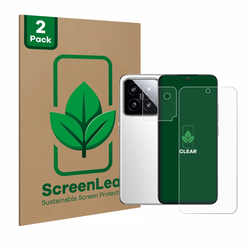 Parte frontal de un envase de producto con el logotipo de la marca ScreenLeaf. Al lado se muestra el dispositivo Xiaomi 14 (Fr