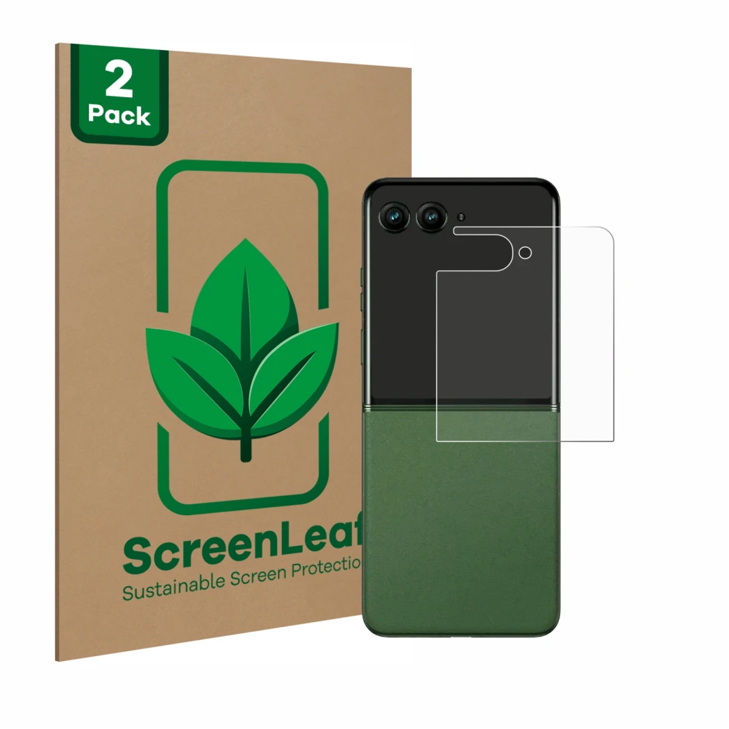 Parte frontal de un envase de producto con el logotipo de la marca ScreenLeaf. Al lado se muestra el dispositivo Motorola Razr