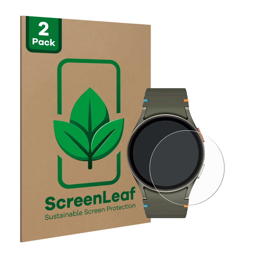 Parte frontal de un envase de producto con el logotipo de la marca ScreenLeaf. Al lado se muestra el dispositivo Samsung Galax