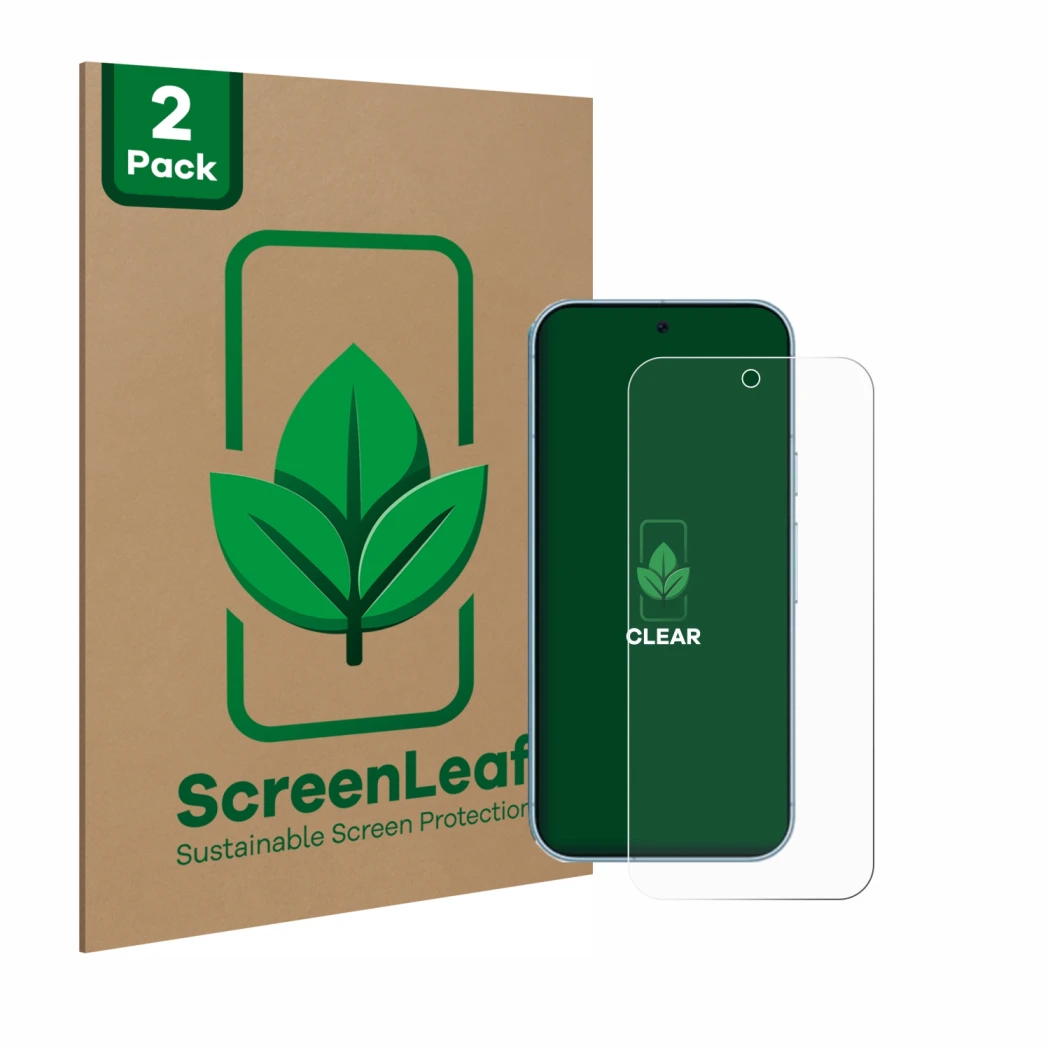 Parte frontal de un envase de producto con el logotipo de la marca ScreenLeaf. Al lado se muestra el dispositivo Google Pixel 