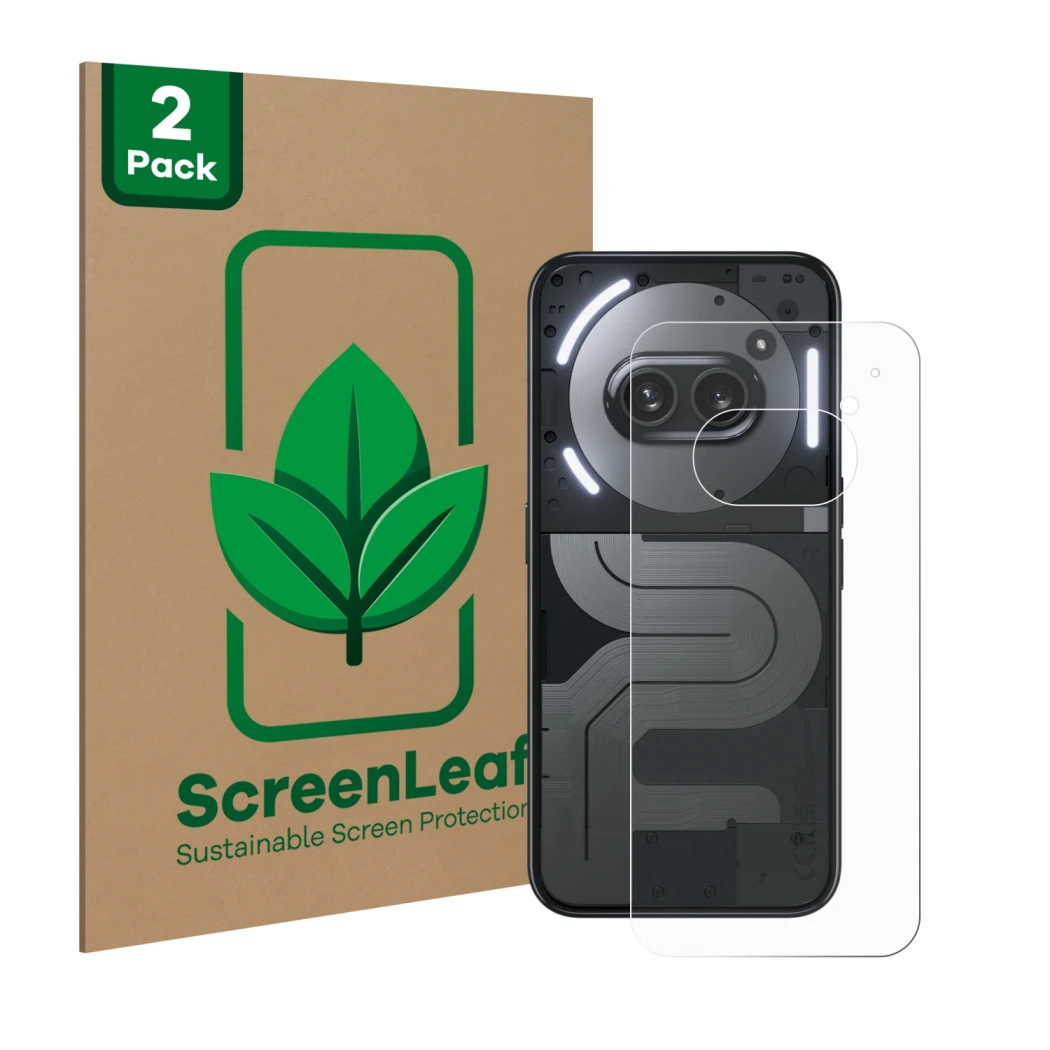 Parte frontal de un envase de producto con el logotipo de la marca ScreenLeaf. Al lado se muestra el dispositivo Nothing Phone